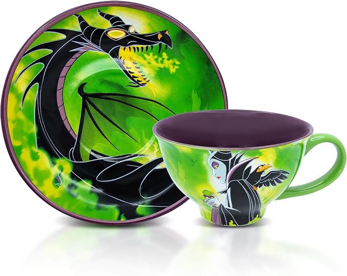 Silver Buffalo Disney Sleeping Beauty Maleficent Ceramic Teacup and Saucer Featuring Maleficent, Diablo, and Maleficent in Dragon Form, 12 Ounces