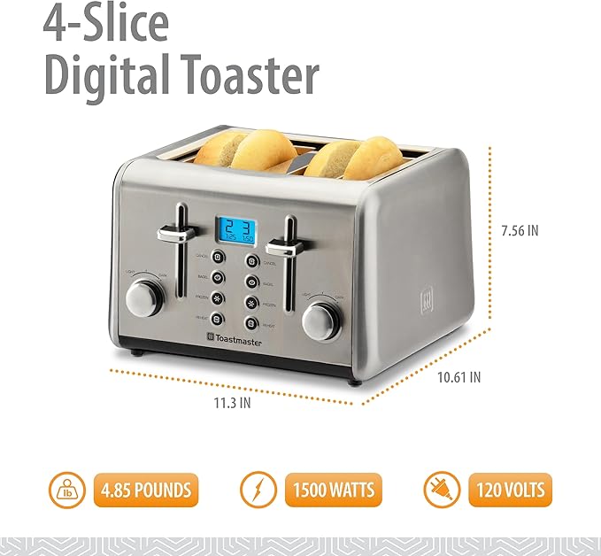 Toastmaster 4-Slice Digital Toaster - Stainless Steel with Reheat, Frozen, Bagel & Cancel Buttons - Kitchen Essential for Toasting Sandwich Bread - Four-Slot Toaster with Digital Display