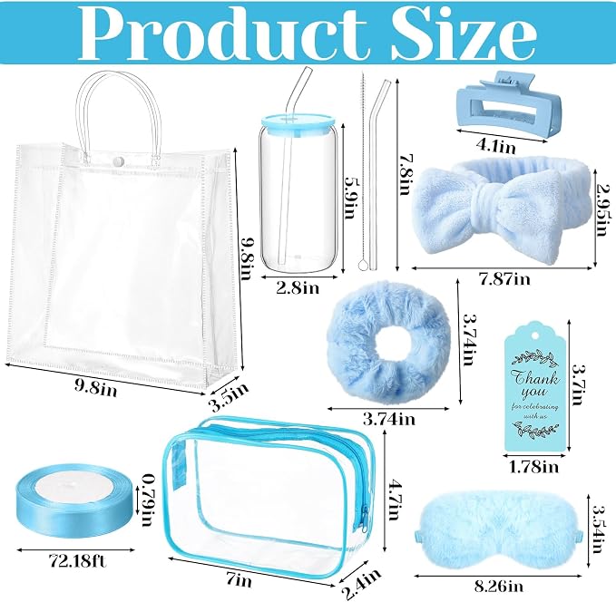 48 Pcs/6 Sets Baby Shower Prizes Winners Include Glass Cans Spa Headband Plush Sleep Eye Mask Hair Claw Clips Clear Cosmetic Bags Baby Shower Player Winner Gifts Bridal Game Gifts(Blue)