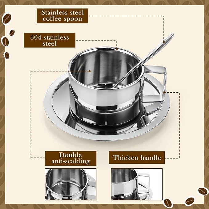 6 Pack Stainless Steel Coffee Cups Set, 7oz Insulated Espresso Cups with Spoon and Saucer, Double Walled Coffee Mugs for Latte, Tea, Milk, Cappuccino