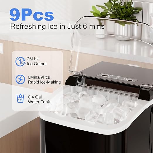 NEWBULIG Countertop Ice Maker Machine with Handle, Portable Bullet Ice Maker Produces 9 Cubes in 6 Minutes, 26 lbs per 24 Hours, Includes Basket & Scoop, for Home Kitchen RV Camping Party, Black