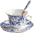 Noviko Porcelain Tea Cup and Saucer with Spoon Vintage Floral Teacup, 6 oz | Set of 1, Scalloped Edge Cup, Elegant Gift, Suitable for Afternoon Tea, Cappuccino, Espresso, Coffee