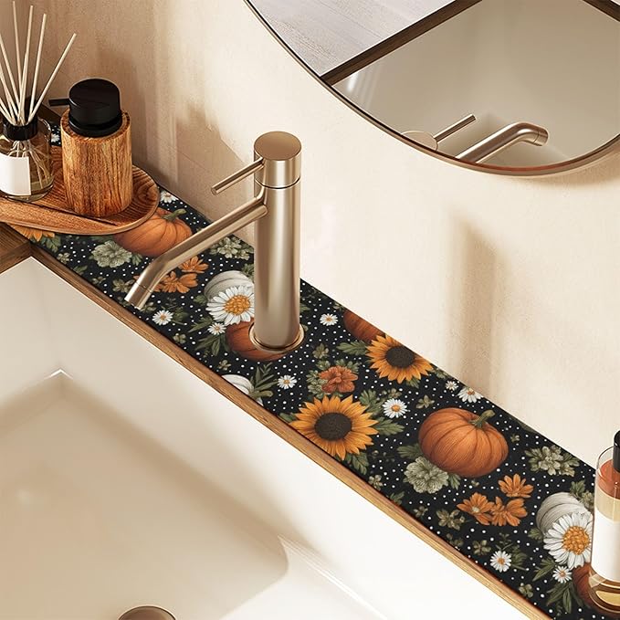 Kitchen Sink Splash Guard 1 PC 30 Inch Sink Faucet Mat Splash Guard for Bathroom Countertop Water Absorbent Foldable Cuttable Soft Washable Black Dotty Pumpkins Sunflowers Daisy