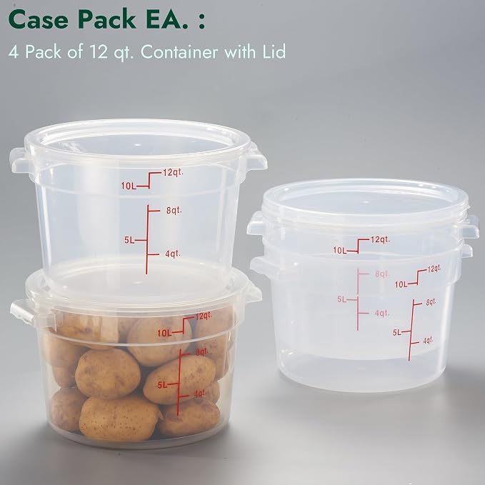CURTA 12 Quart Translucent Round Food Storage Container with Lid, Pack of 4 – NSF Listed, BPA-Free, Commercial-Grade Polypropylene, Freezer & Dishwasher Safe, Non-Stick, Easy-Read Graduations