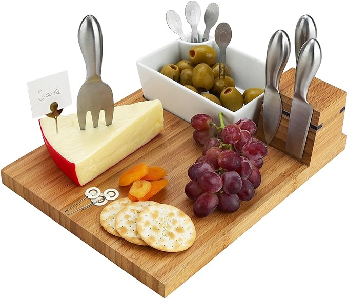 Picnic at Ascot Original Bamboo Cheese Board with Knife Set, Ceramic Bowl, Cocktail Sticks & Cheese Markers- Designed & Quality Checked in USA