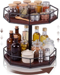 Sliner 12" Lazy Susan Organizer 2 Tier Adjustable Octagonal Spice Turntable Organizer Wooden Industrial Turntable Rotating Spice Rack for Cabinet Kitchen Countertop Pantry Bathroom