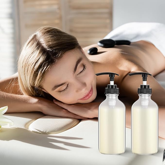 Tanlade 24 Pcs 8 oz Glass Pump Bottle Empty Bottle Glass Soap Dispenser with Pump Refillable Containers and Labels Funnels for Essential Oils Cleaning Products Lotions Conditioner(Clear)