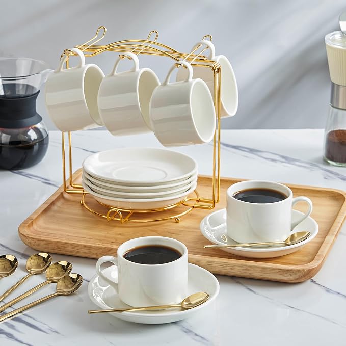 YOLIFE Espresso Cups with Saucers Set and Gold Metal Stand, 4oz Coffee Espresso Cups Set of 6, Ceramic Expresso Shots Cup with Stand & Saucers, White