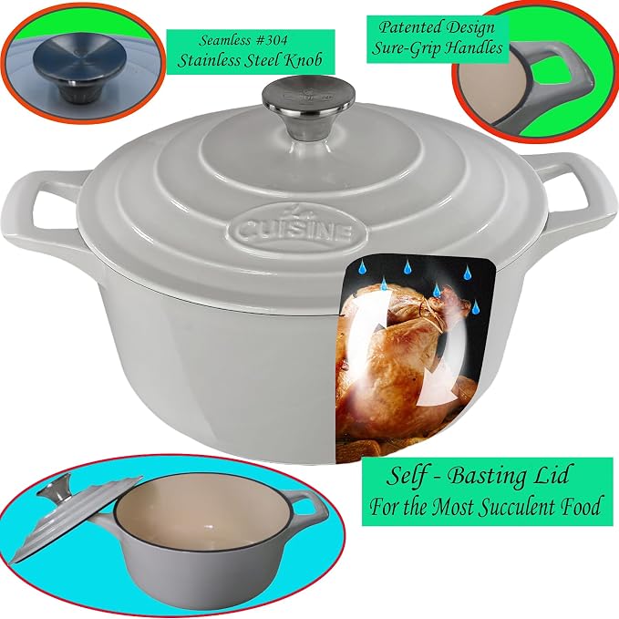 La Cuisine Enameled Cast Iron Dutch Oven Casserole Dish Pot with Lid 5 QT 10.3" /26cm Cream White Enamel Coating Interior, White Enamel Coating Exterior, Oven Safe up to 500° F