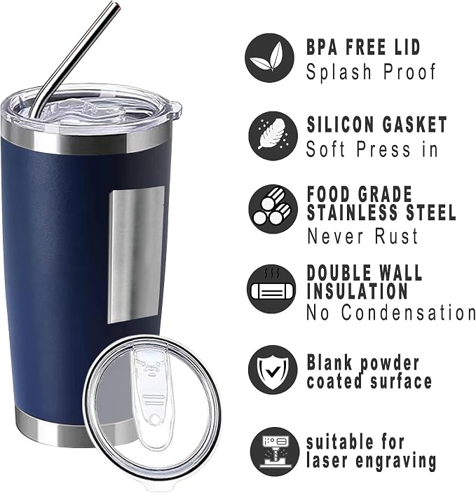 20oz insulted tumblers stainless steel cup Tumbler Bulk with push Lid, and metal straw powder coated coffee cup for cold and hot drinking (12, navy blue)
