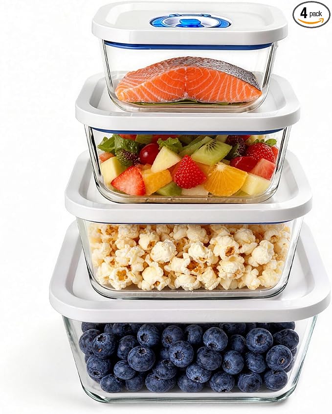 Vacuum Seal Borosilicate Glass Containers for Food Storage, 4 Sizes (S M L XL) Compatible with Desktop and Handheld Vacuum Sealer Machines, Airtight Lid Set