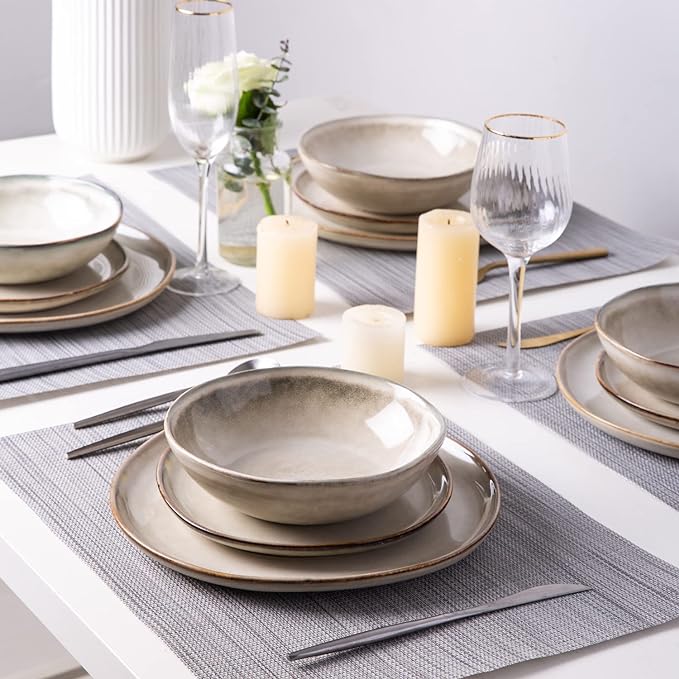 AmorArc Ceramic Dinnerware Sets,Handmade Reactive Glaze Stoneware Plates and Bowls Sets,Highly Scratch Resistant | Dishwasher & Microwave Safe Dishes Set,Service for 4 (12pc)