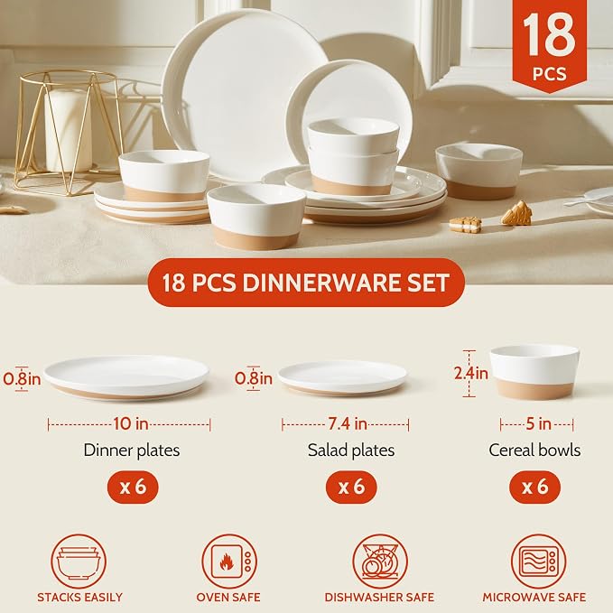 Sweese 18 Pieces Porcelain Dinnerware Set, Modern Dish Set for 6, Hand Painted Kitchen Plates and Bowls Sets, Scratch Resistant Dishware Sets, Dishwasher & Microwave & Oven Safe Dinner Set, Brown