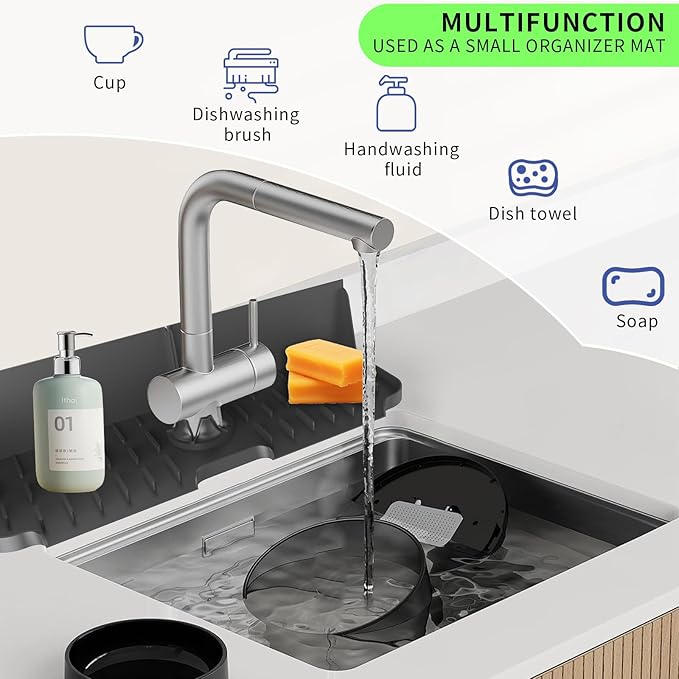 LVJING 17” x 5.5” Silicone Faucet Handle Drip Catcher Tray Mat, Silicone Faucet Mat Dish Soap Sponge Holder for Kitchen Sink, Drying Mat for Kitchen Counter Bathroom Kitchen Sink Splash Guard - Black