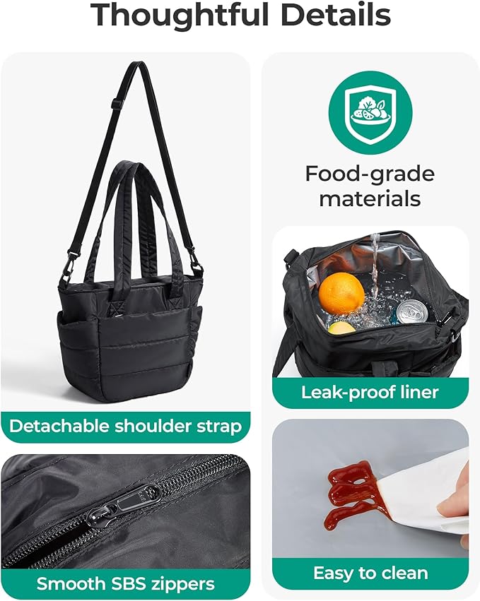 BAGSMART Lunch Bag Women Small Insulated Tote with Lunch Compartment Quilted Lightweight Puffy Tote Bag for Work, Travel, Outdoor, Coffee Brown