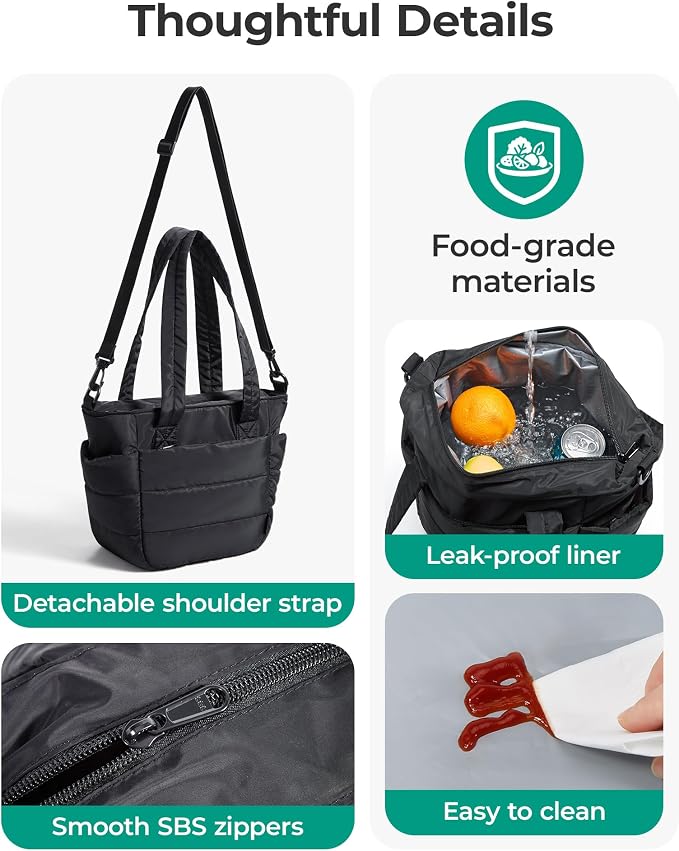 BAGSMART Lunch Bag Women Small Insulated Tote with Lunch Compartment Quilted Lightweight Puffy Tote Bag for Work, Travel, Outdoor, Crimson Purple