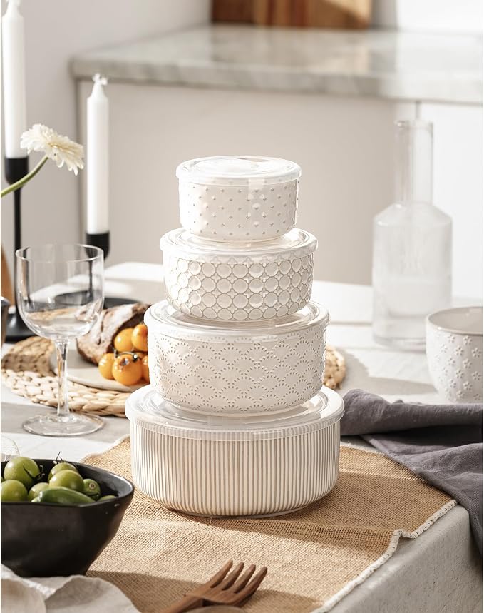 Mixing Bowls with Lids Set of 4, Ceramic Nesting Bowls, Embossed Mixing Bowl Set for Food Storage, Prep Bowl, Gift, Microwave and Dishwasher Safe, 10/18/33/50 OZ, Off-White