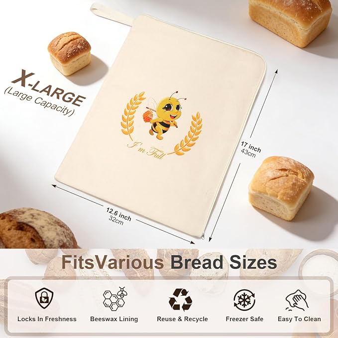 Beeswax Bread Bags, XL Reusable Linen Cotton Sourdough Bread Bag with Sealing Zip for Homemade Bread to Keep Fresh, 2 Pack