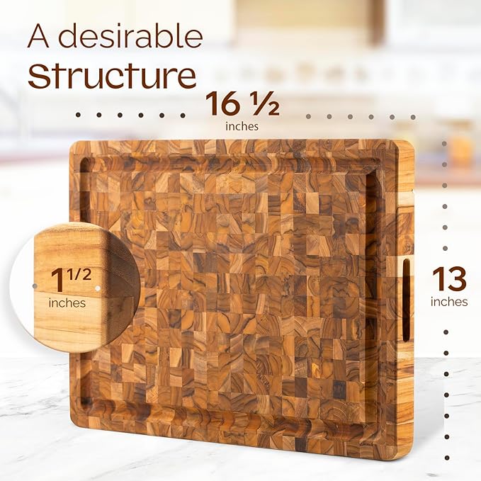 Yes4All Durable Teak Cutting Boards for Kitchen, [17''L x 13''W x 1.5” Thick] Medium End Grain Cutting Board, Pre Oiled Wood Cutting Boards, Thick Chopping Board w/Juice Grooves and Easy Grip Handle