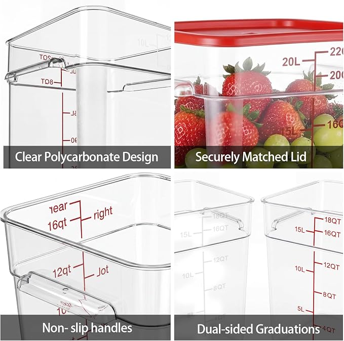 4 Pack Food Storage Containers with Red Lids, 18.0 Qt - Square, Clear, Polycarbonate, for Restaurant Commercial Kitchen and Home party