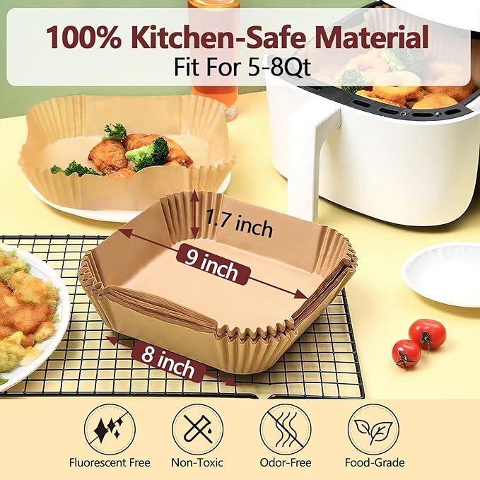9 Inch Air Fryer Liners Disposable-200PCS Square Parchment Paper Liners,Heat Resistant & Non-Stick,Unbleached Liners for Air Fryer,Oven,Roasting,Baking,Microwave（Bottom is 8 Inch）