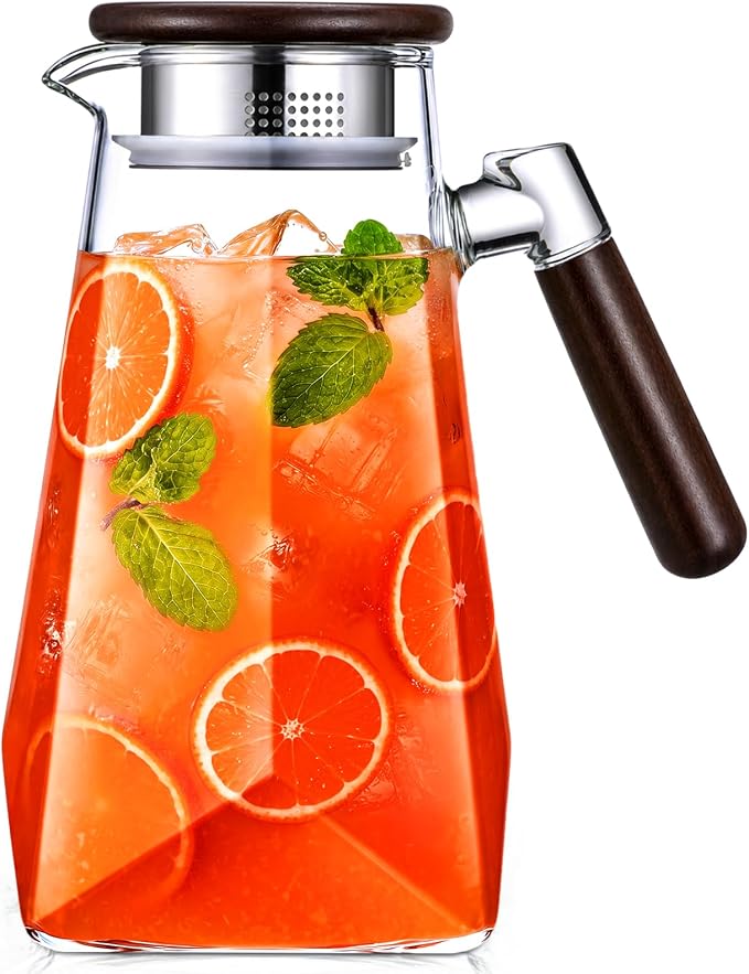 60 oz 1.8l Glass Pitcher with Lid, Borosilicate Glass Carafe with Solid Walnut Handle, Spout, Heat-resistant Beverage Jug for Iced Tea, Lemonade, Cold Brew, Fridge Safe(Clear)