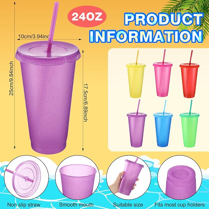 Honeydak 30 Pack Tumbler with Straw and Lid Bulk Cups for Gifts Glitter Plastic Coffee Cups 24-27 oz Reusable Water Bottle Iced Coffee Travel Mug Party Favors for Birthdays Travel (Gorgeous Color)