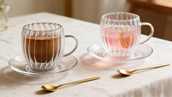Double Wall Glass Coffee Mugs, 8.5oz/260ml, Clear, 2 Pack | Pumpkin Shaped Tumblers With Saucer and Spoon, For Cappuccino, Latte, Hot and Cold Drinks