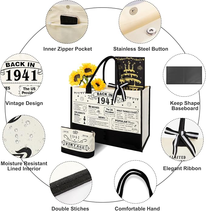 YeohJoy 85th Birthday Gift for Her Canvas Tote Bag Travel Gear, Unique 85 Years Old Birthday Gifts for Mom Wife Aunt Friends Her, Vintage 1941 Handbag & Makeup Bag & 85th Greeting Card