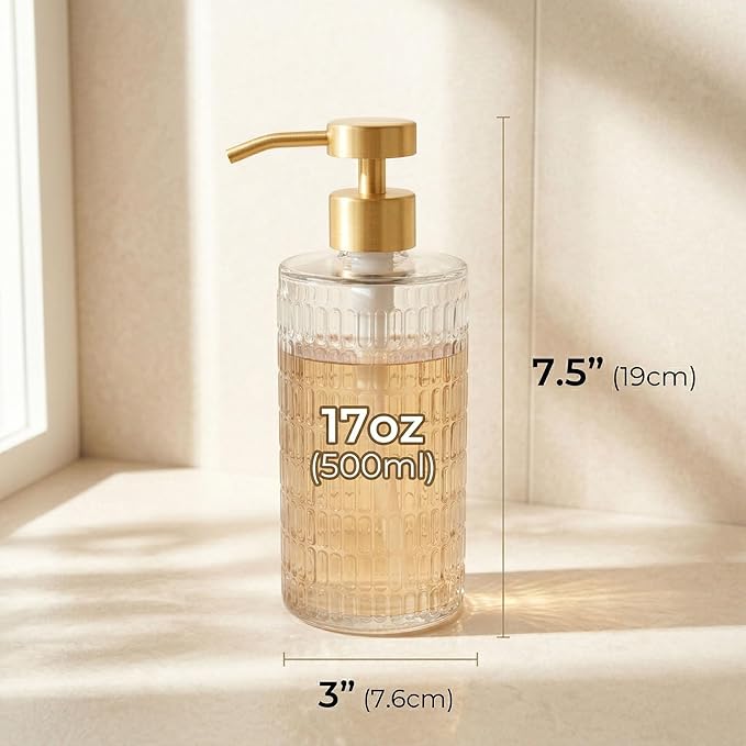 Elegant Fluted Glass Soap Dispenser with Stainless Steel Pump, 17oz Vintage Art Deco Style Clear Ribbed Glass Bottle for Bathroom, Dish Soap Dispenser for Kitchen (Gold Pump)