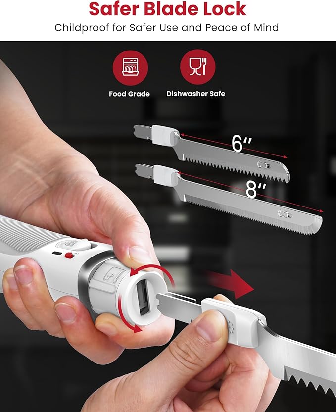 New Upgrade Cordless Electric Knife, Serrated Blade Knife for Turkey, Meat Slicing, Fillet, Bread, Ergonomic Design Cutting Knifes with Comfortable Contoured Grip, USB-C Rechargeable, Easy-Slice,White
