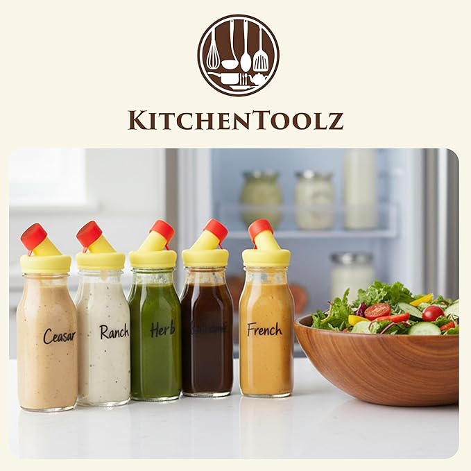 kitchentoolz Salad Dressing Shaker Bottle – 12oz Glass Bottle with Silicone Pour Spout and Tamper-Proof Lid for Sauces and Marinades - Pack of 4