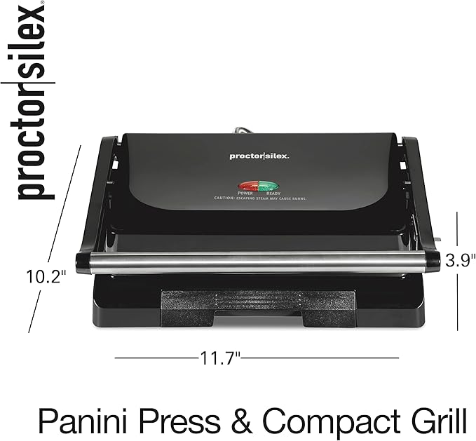 Proctor Silex-Panini Press Sandwich Maker and Electric Indoor Grill, Easy Clean PFAS-Free Nonstick Grids, Compact Upright Storage, Black (25440MN)