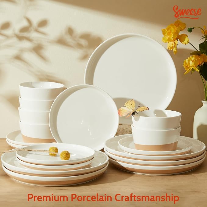 Sweese 18 Pieces Porcelain Dinnerware Set, Modern Dish Set for 6, Hand Painted Kitchen Plates and Bowls Sets, Scratch Resistant Dishware Sets, Dishwasher & Microwave & Oven Safe Dinner Set, Brown