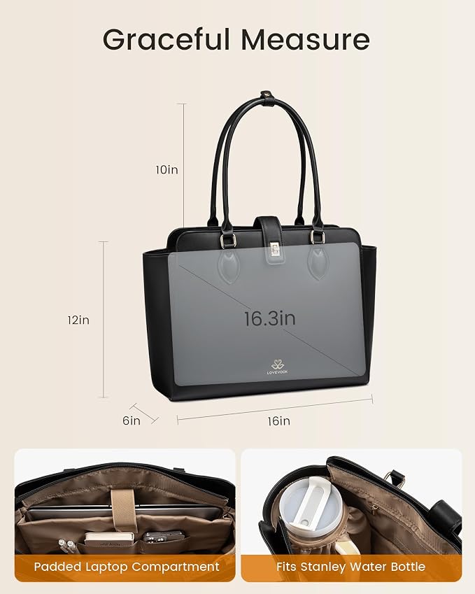 LOVEVOOK Lunch Tote Bag for Women, 2-in-1 Work Tote Bag with Lunch Compartment, Insulated Lunch Bag & 15.6 Inch Laptop Bag for Women, Ideal for Teacher, Nurse and Camping Use, Black