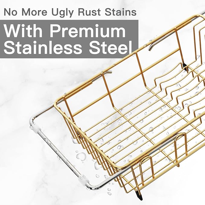 MAJALiS Gold Dish Drying Rack Over The Sink with Utensil Holder | Expandable Stainless Steel Dish Drainer for Small Kitchen, Apartment, RV, Counter Space Saving, Perfect Fit, Rustproof