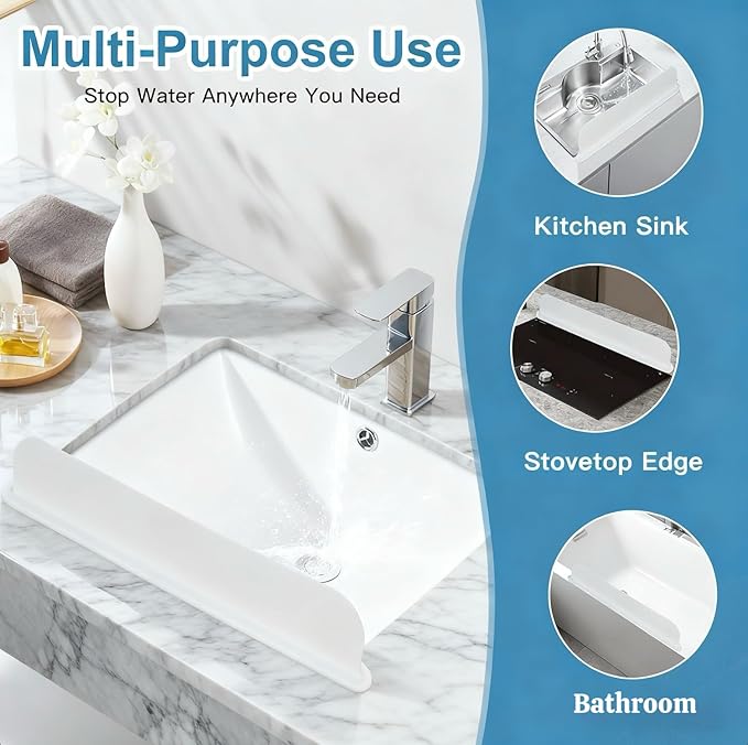 Silicone Sink Splash Guard – Extra-Long 19.3" Water Protector for Kitchen & Bathroom, No-Slip, Heat-Resistant, Dishwasher Safe (19.3 * 3.3 * 2in) (White)