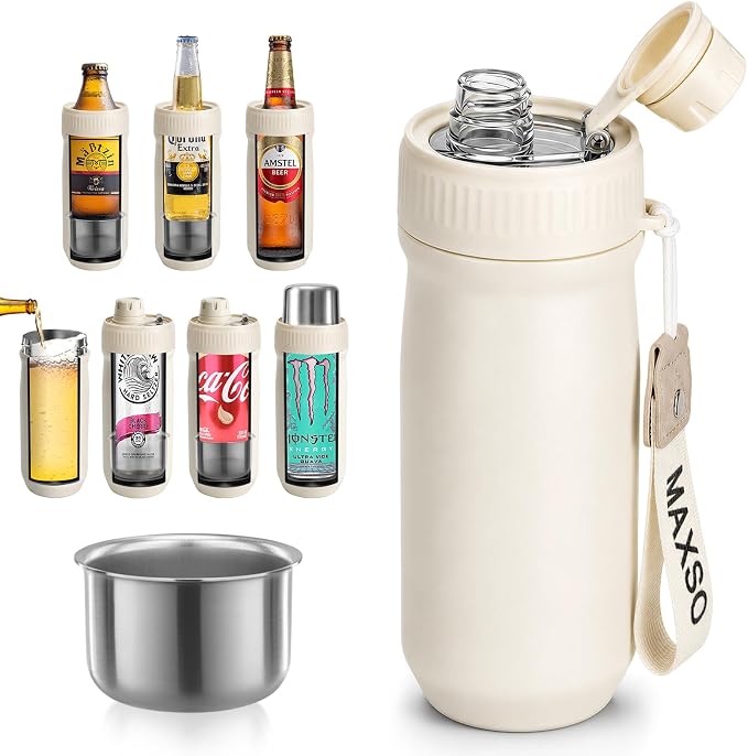 MAXSO Sealed Can Cooler Fizz Lid Can Cover for 12 oz Regular, Slim Skinny Cans & As Thermal Bottle (Ivory White, 5-in-1)
