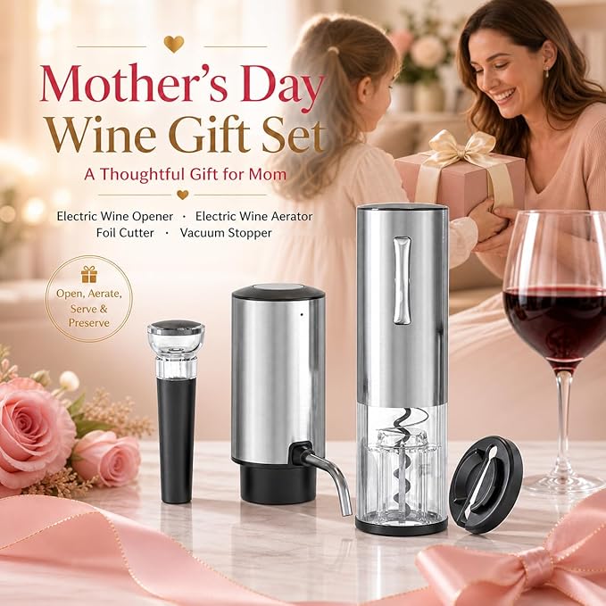 Rechargeable Electric Wine Opener Set, 4-in-1 Automatic Opener Kit with Aerator Pourer, Foil Cutter, Vacuum Pump and Stoppers - Ideal Gift for Mother's Day, Father's Day, Birthday and Anniversary