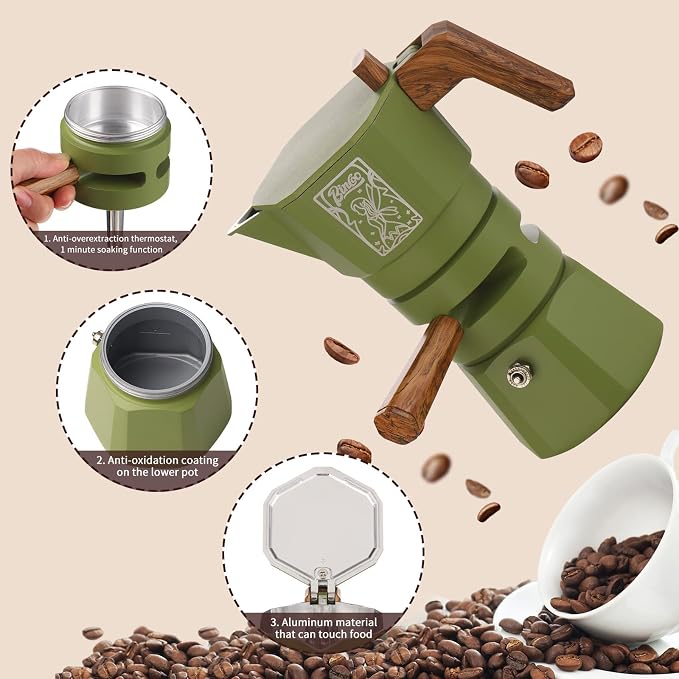Bincoo 120ML Stovetop Espresso Maker Double Valve Moka Pot with Thermostat Extractor Prevent over-extraction,Italian Espresso Moka Pot with Powder Dispenser and Filter Paper for Home(Green)