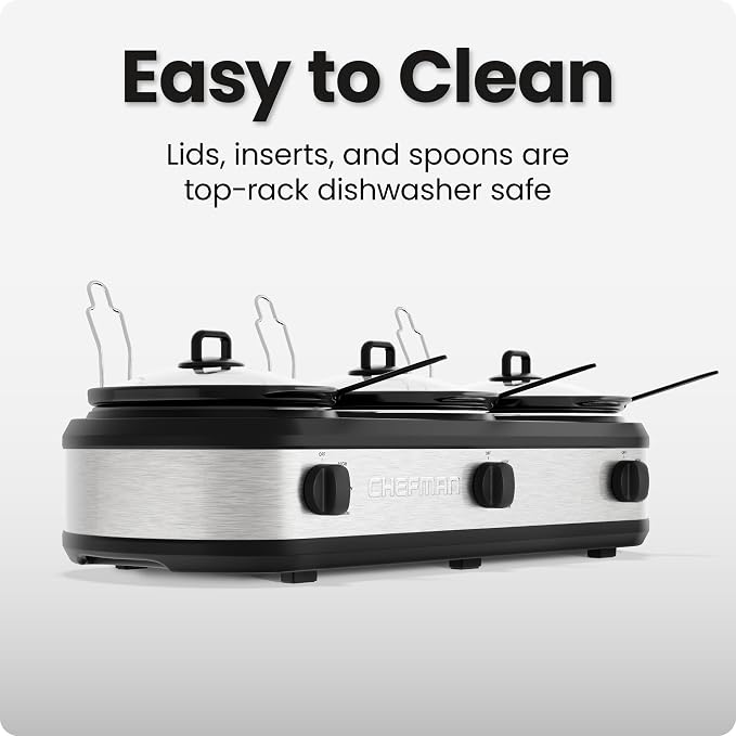 Chefman Triple Slow Cooker & Food Warmer, Three Crock Slowcooker with 2.5 Qt. Ceramic Crocks, 7.5-Quart Total Capacity, PFAS-Free, Three Temperature Settings, Dishwasher-Safe Parts – Stainless Steel