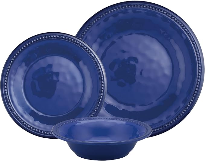 UPware 12 Piece Beaded Melamine Dinnerware Sets, Outdoor Dishes Set, Plates and Bowls Sets, Service for 4, Indigo Blue