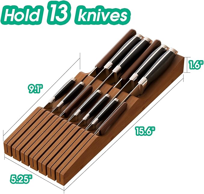 Knife Drawer Organizer, Bamboo Wood Knife Organizer Drawer Insert, Brown Knife Block Fit for 13 Knives