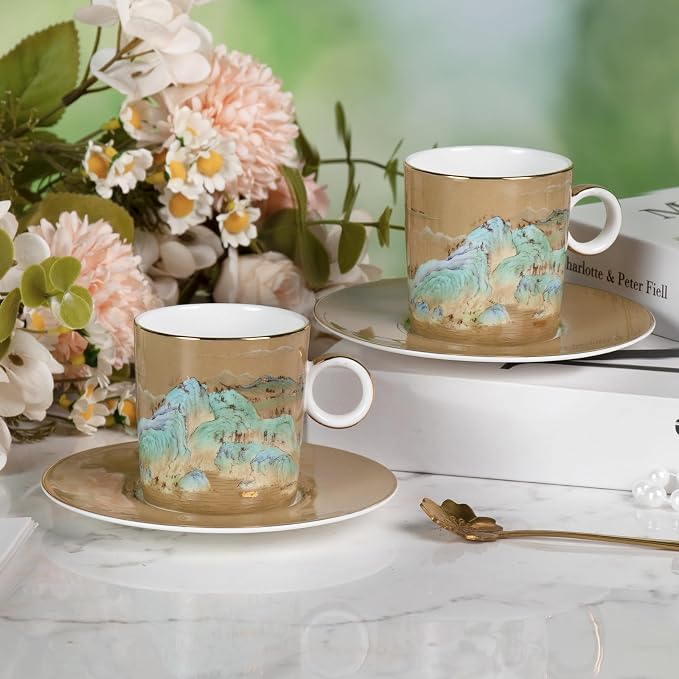 KAMMAK Tea Cups and Saucers Set of 2, Porcelain Coffee Cups, Stackable Espresso Mugs, Ceramic Demitasse for Coffee, Cappuccino, Latte, Americano, Tea, Small - River and Mountains