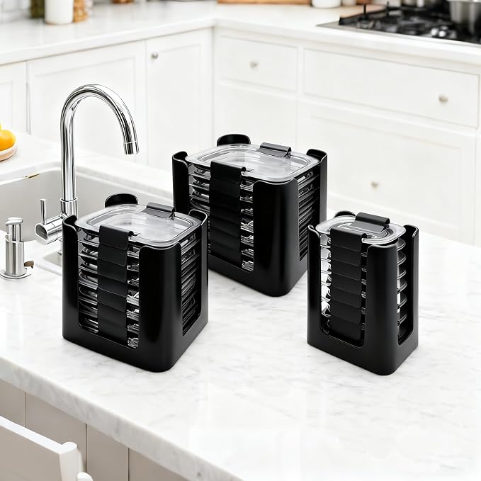 Food Container Lid Organizer for Rubbermaid Brilliances nap-on lids, Lid Organizer for Kitchen Cabinet Storage (3-Piece) - Holds 24 Lids for 4.7 Cup, 3.2 Cup, 1.3 Cup & 0.5 Cup Containers (Black)