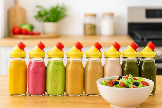kitchentoolz Salad Dressing Shaker Bottle – 12oz Glass Bottle with Silicone Pour Spout and Tamper-Proof Lid for Sauces and Marinades - Pack of 6
