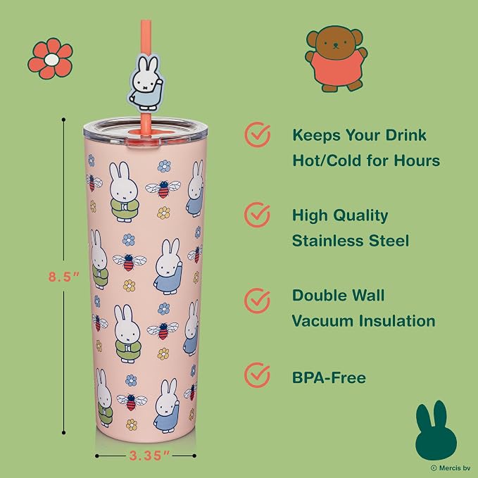 Dragon Glassware | Miffy Stainless Steel Tumbler with Straw, 24 oz - Pink | Vacuum Insulated Stainless Steel Tumbler with Straw & Lid; Double Walled Tumbler with Straw Charm; Miffy Cup with Lid