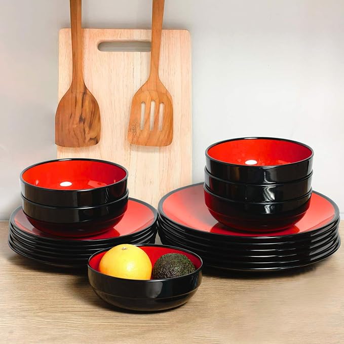 TP 12-Piece Melamine Dinnerware Sets, Plates and Bowls Dishes Set for 4, Break-Resistant & Non-Microwavable, Lightweight Dinner Plates, Glossy Black and Red