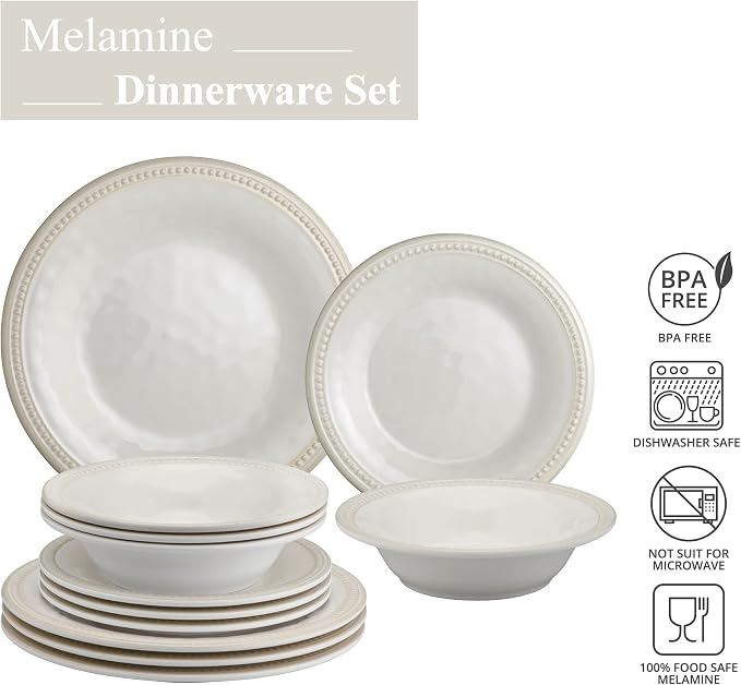 UPware 12 Piece Beaded Melamine Dinnerware Sets, Outdoor Dishes Set, Plates and Bowls Sets, Service for 4, Cream