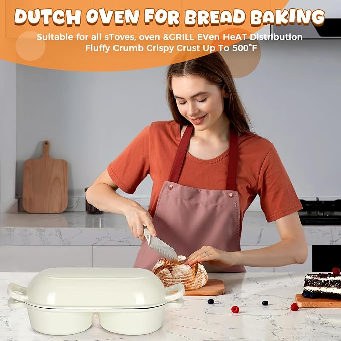 Double Dutch Oven for Sourdough Bread Baking, 2.2QT (White) | Enamelled Cast Iron Bread Pan with Lid, Double Round Loaf Space, 16.5cm Diameter, Mini Double Dutch Oven for Homemade Baking